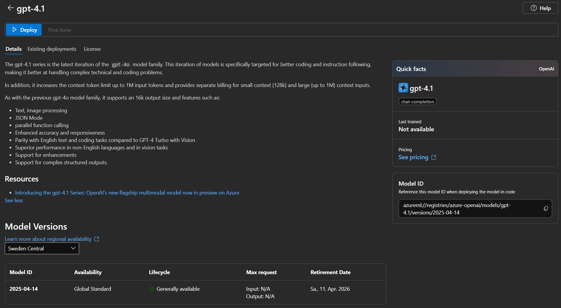 GPT 4.1 im Azure Modellkatalog