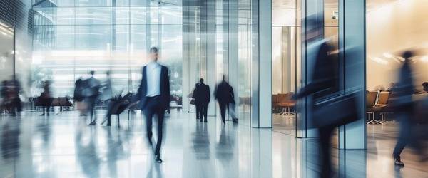 Foyer of an office building with many people - blurred